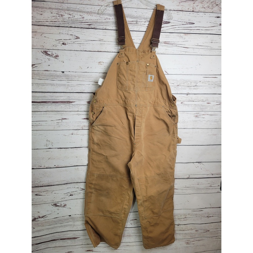 Carhartt Bib Overalls Vintage Double Knee Workwear Duck Canvas Brown 46x28 Mens